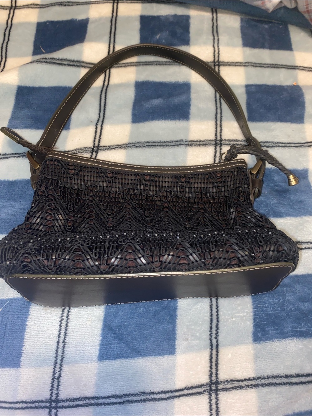 Nine West Dark Brown Woven-Trim Shoulder Bag